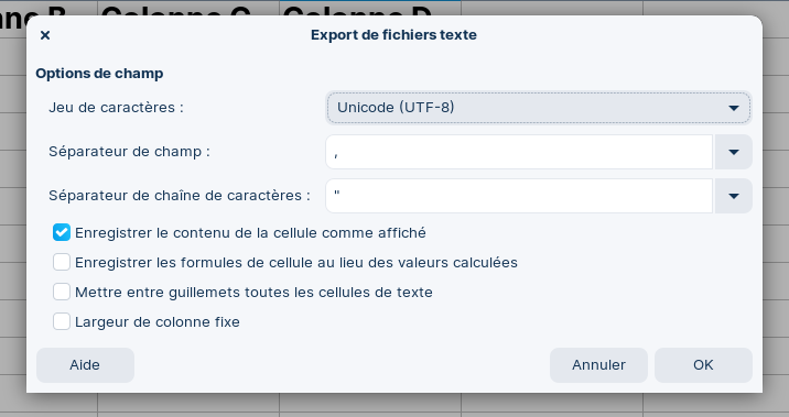 Boîte de dialogue lors de l&rsquo;enregistrement au format texte (CSV) dans le logiciel LibreOffice.