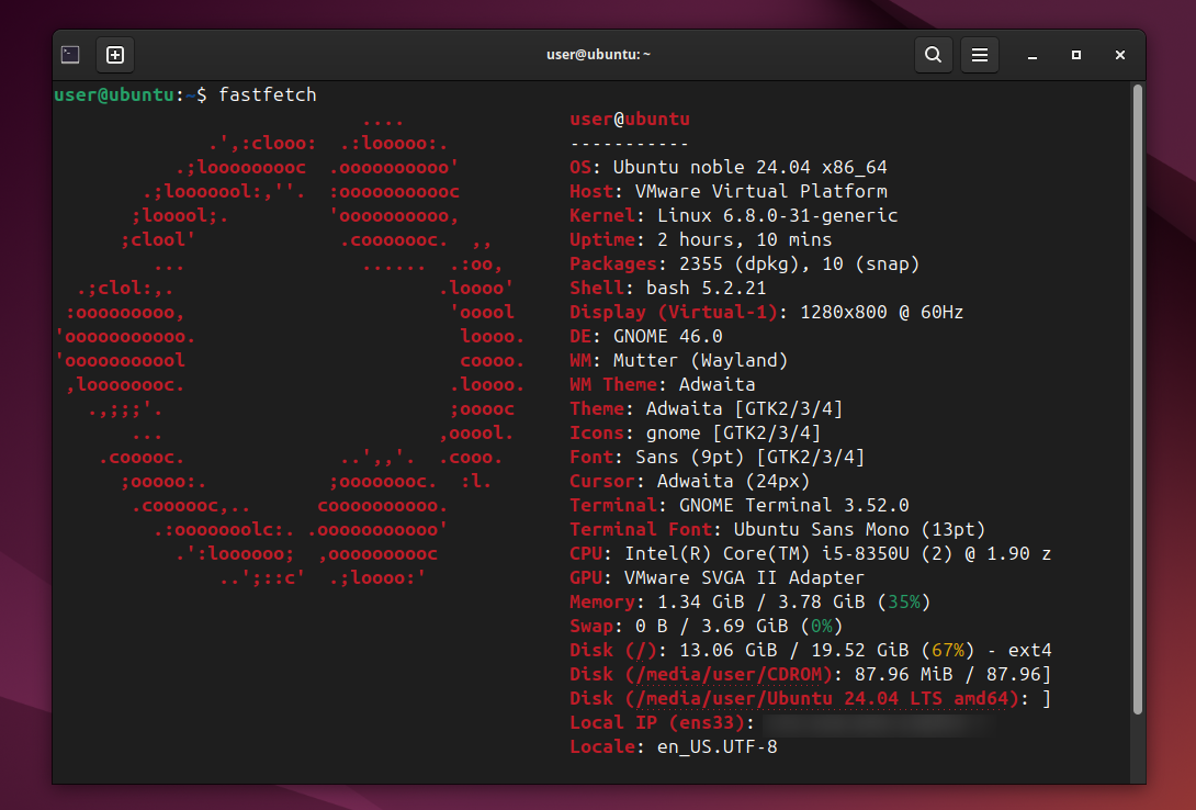 Capture d’écran du programme FastFetch.