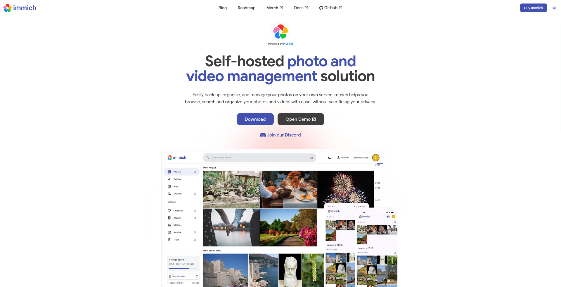 Page d’accueil du site web de Immich